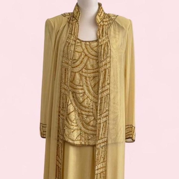 American Vintage Dresses & Skirts - Vintage gold beaded sequin three-piece set — top, skirt‎ & kimono overlay